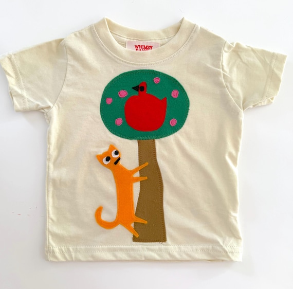 Hand Appliqué Cat and Bird in Tree Shirt | Animal Lover Shirt | Kids Nature Clothes