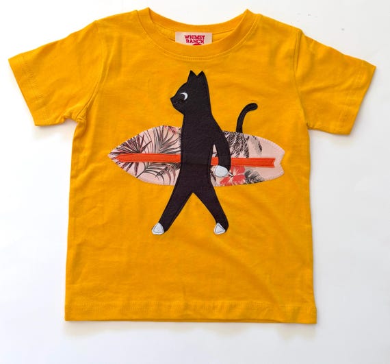 Kids Cool Surfer Shirt | Hand Appliqué Black Cat Tee | California Beach Kid | Surfboard Top| Retro Coastal Kids Clothing