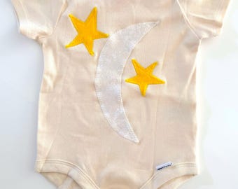 Moon and Stars Baby Romper: Hand Applique, Gender Neutral