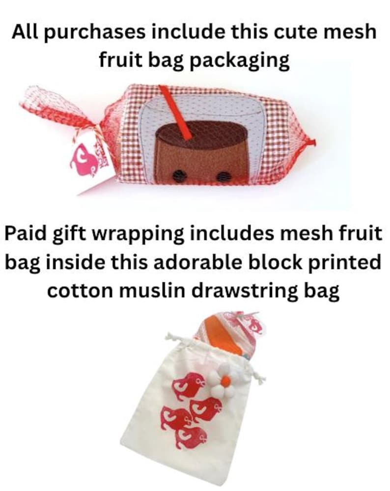 May include: A red and white checkered mesh fruit bag containing a brown drink-themed pouch with a red straw, and a white cotton drawstring bag featuring red bird prints and a white flower accent, with text describing packaging options.