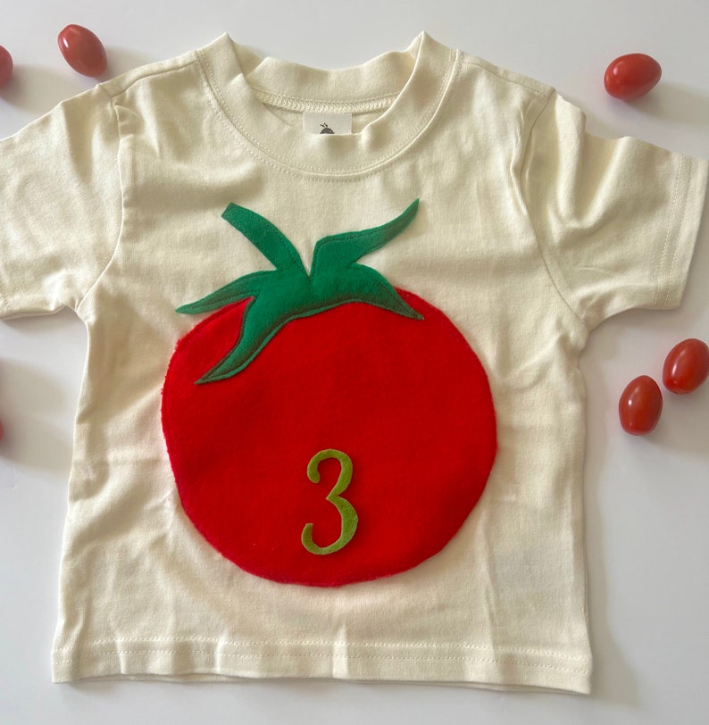 Plush Tomato Tee-100% Soft Natural Cotton-Can Be Personalized w/ Birthday Number or Initial-Eat Your Vegetables-Farm-Soft and Furry image 3