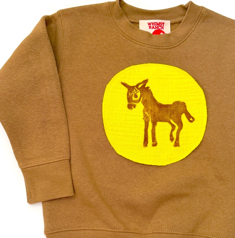 Hand Block Printed Donkey Sweatshirt | Handmade Kid's Fleece Pullover | Fall/Winter Farm Animal Sweater image 3