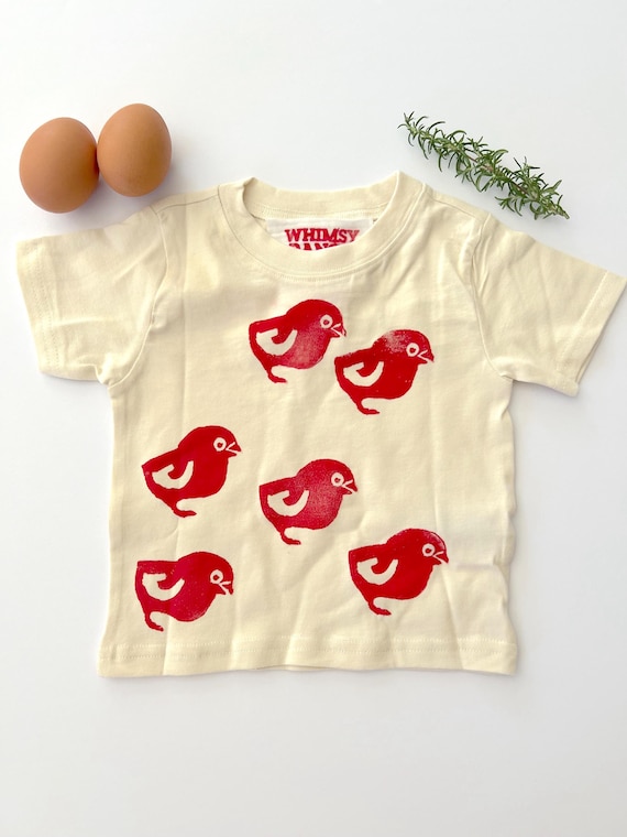 Whimsy Ranch Baby Chick Block Print Tee Shirt- Farm Fresh-Gender Neutral-100% Soft Natural Cotton- Chicken Shirt- Kids and Baby Tee