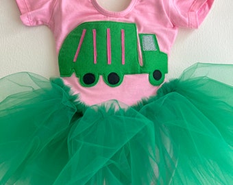 Girls Pink Trash Truck Leotard Tutu-Recycle Trash Truck Dress-Construction Costume-Hand Appliqued
