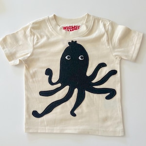 Black Octopus Tshirt-Natural Cotton-Recycled felt Fabric-Sustainable-Playful Kids And Baby Wear-Marine Life-Sea Creature-Aquatic-Nautical-