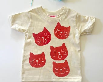 Hand-Stamped Cat Face Kids Tee – Whimsical Block Print Kitty Shirt