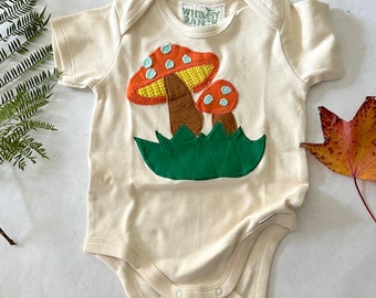 Baby Mushroom Onesie ®- Cotton Natural Color- Nature Lover Gift-Recycled Fabric Mushroom Applique- Gender Neutral Gift- Eco Friendly