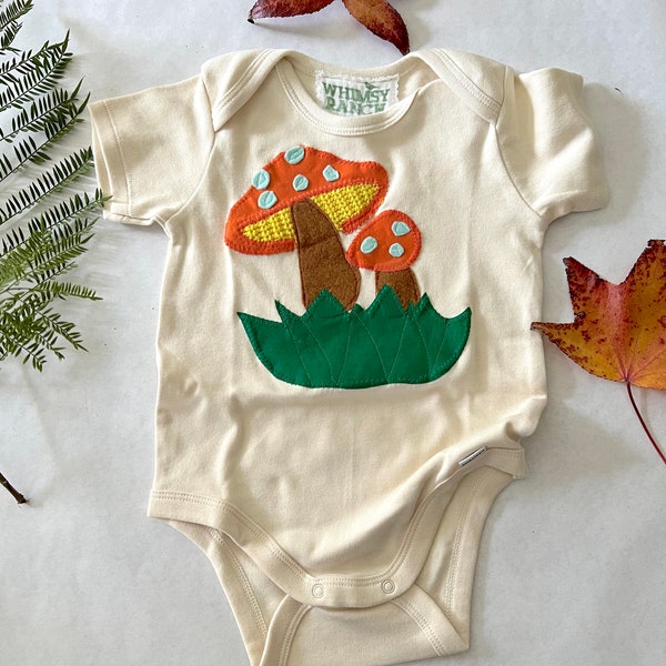 Baby Mushroom Onesie ®- Cotton Natural Color- Nature Lover Gift-Recycled Fabric Mushroom Applique- Gender Neutral Gift- Eco Friendly