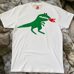 Adult Hand Appliqued Fire-Breathing Dinosaur T- Shirt - Quirky Adult T-Shirt  -  Unique Unisex Gift