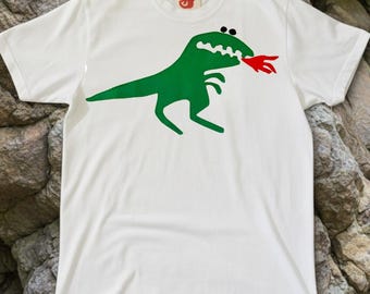 Adult Hand Appliqued Fire-Breathing Dinosaur T- Shirt - Quirky Adult T-Shirt  -  Unique Unisex Gift