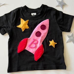 Plush Pink Spaceship Tee-100% Soft Cotton-Can Be Personalized w/ Birthday Number or Initial-Space Birthday-Rocket Ship-Soft and Furry image 3