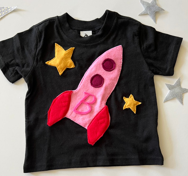 Plush Pink Spaceship Tee-100% Soft Cotton-Can Be Personalized w/ Birthday Number or Initial-Space Birthday-Rocket Ship-Soft and Furry image 3