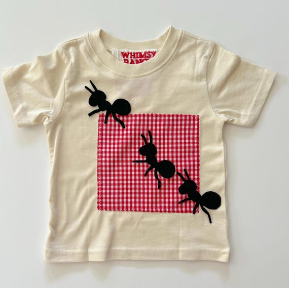 Kids Ant Tee: Hand Appliqued Soft Washable Felt Ants - Kids bug shirt- Gingham Picnic