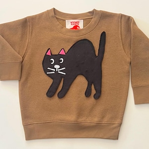 May include: A brown sweatshirt featuring a black cat applique with pink ear accents and white whiskers. The cat is in a playful pose. The sweatshirt has long sleeves and a crew neck. The brand name "WRMEY BABES" is visible on a tag.
