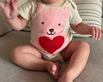 Little Pink  Bear and  Heart Onesie®- Recycled Applique- Cotton Natural Color-Bear baby/toddler Outfit - Eco Friendly- Wild Things Onesie ®