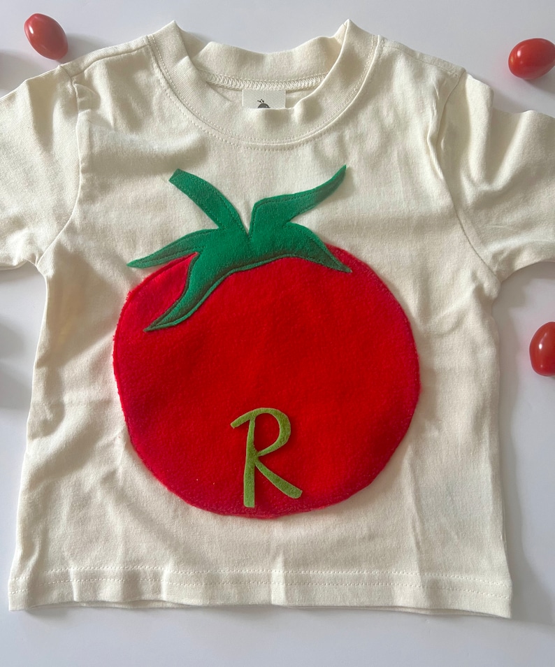 Plush Tomato Tee-100% Soft Natural Cotton-Can Be Personalized w/ Birthday Number or Initial-Eat Your Vegetables-Farm-Soft and Furry image 4