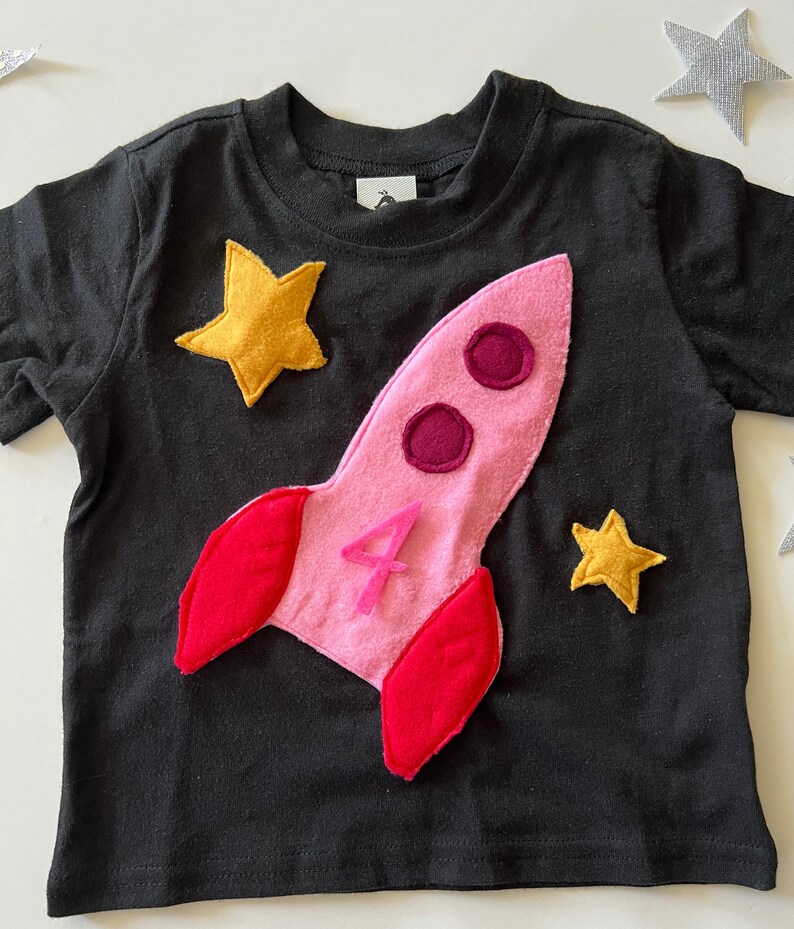 Plush Pink Spaceship Tee-100% Soft Cotton-Can Be Personalized w/ Birthday Number or Initial-Space Birthday-Rocket Ship-Soft and Furry image 2