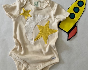 Moon and Stars Onesie ®- Cotton Natural Color-Recycled Applique-Gender Neutral-Eco Friendly Baby/Toddler Space Themed Outfit