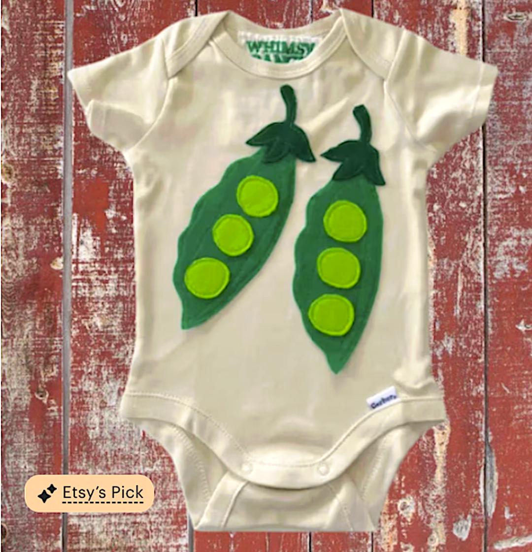 Peapod Baby Romper. Plush Fleece Hand Appliqued, Natural Cotton Garden Gift, Sweet Pea Bodysuit