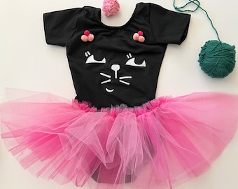 Purrfect Kitty Leotard Tutu Dress-Infant to Child Size- Pink Pom Pom Ears- Cat Birthday Dress- Kitty Cat Tutu Costume