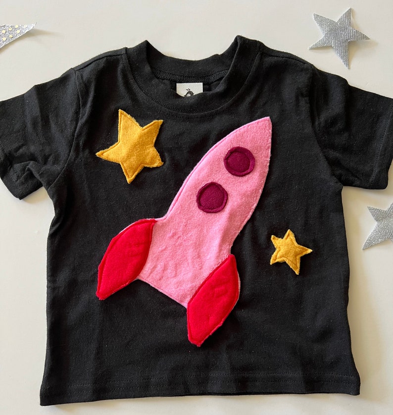 Plush Pink Spaceship Tee-100% Soft Cotton-Can Be Personalized w/ Birthday Number or Initial-Space Birthday-Rocket Ship-Soft and Furry image 1