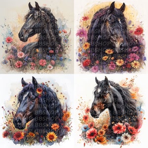 8 black horses clipart, Digital download, commercial, Floral horses, High resolution, watercolor, scrapbook images, digital crafting, horses
