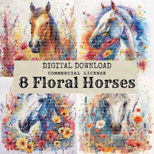 8 colourful horses clipart, Digital download, commercial, Floral horses, High resolution, watercolor, scrapbook images, digital crafting