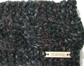 Dark Grey Heather Cable Knit Winter Headband Wool + Acrylic Hand Knit Wide Winter Headband Crown