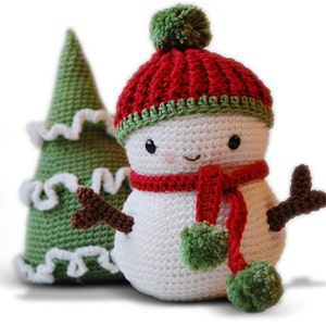 Gehaakt sneeuwpoppatroon Frosty de sneeuwman en kerstboom DIY-kerstdecor afbeelding 1