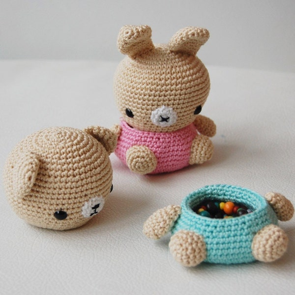 Modèle de crochet de boîte d'ours et de lapin - boîte à bijoux Amigurumi, boîte de rangement, cadeau pour enfants