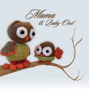 Amigurumi crochet owl pattern, PDF tutorial, DIY, softie, plushie, stuffed animal Mama and Baby Owl image 1