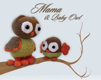 Amigurumi crochet owl pattern, PDF tutorial, DIY, softie, plushie, stuffed animal - Mama and Baby Owl