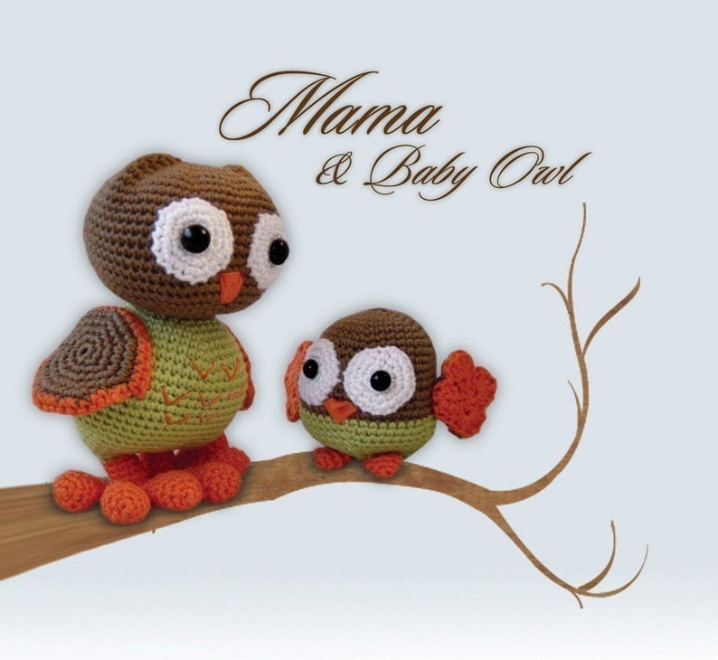 Amigurumi crochet owl pattern, PDF tutorial, DIY, softie, plushie, stuffed animal Mama and Baby Owl image 1