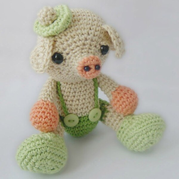 Amigurumi pig crochet pattern, PDF tutorial download, pig in green suspender pants with light green beret, stuffed animal