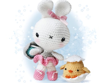 Amigurumi Crochet Easter Bunny and Chick Pattern, DIY, plushie, softie, Easter decorations - Bunny and Chick in an Eggshell