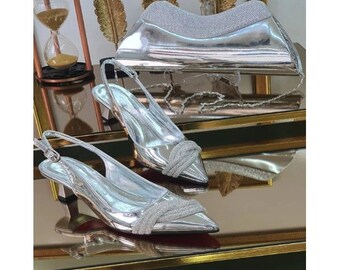 Passendes Schuh- und Taschenset für Damen - Abendtasche - Clutch - Schultertasche mit Kette - Slingback-Schuhe - Große US Größe 6 7 8 9 10 11 12