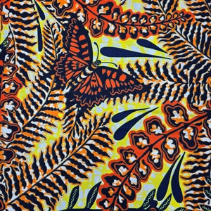 Vlisco Super Wax Fabric 100% Cotton LE Bold Orange & Yellow Floral/Butterfly Block Print 6 yds ~ Made in Holland #731