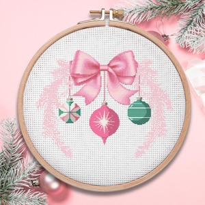 Retro Pink Christmas Ornament Swag | Cross Stitch Pattern PDF | Instant Download | Mid Century Modern | Vintage Holiday | Cross Stitch Chart