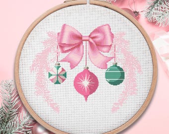 Pink Christmas Ornament Swag Cross Stitch Pattern | Retro Holiday Decor (PDF)