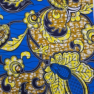 Vlisco Super Wax Fabric 100% Cotton Bold Blue Yellow/Gold Floral Block Print 6 yds ~ Made in Holland #721