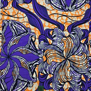 Vlisco Super Wax Fabric 100% Cotton LE Bold Peach & Purple Whimsical Floral Block Print 6 yds ~ Made in Holland #729