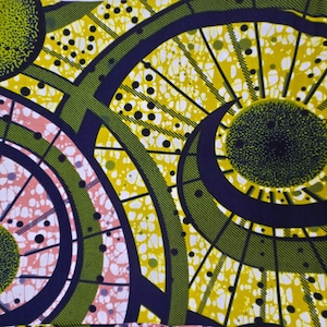 Vlisco Super Wax Fabric 100% Cotton LE Bold Geometric Swirls Block Print Pink, Yellow, Green ~ 6 yds ~ Made in Holland #720