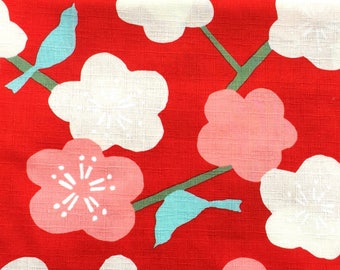 Japanese Fabric - Cotton Fabric - 1 Yard - Red Fabric - Plum Blossoms Fabric - Bird Fabric - 110 cm x 100 cm (F55-P2)