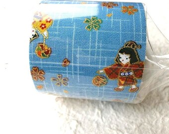 Japanese Fabric Tape Plum Blossoms Little Girls Playing Light blue (FT4)