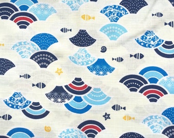 Japanese Fabric - Cotton Fabric - 1 Yard - Japanese Waves With Fish And More - Cream And Blue Fabric- Water Fabric 110 cm x 100 cm (F32-P2)