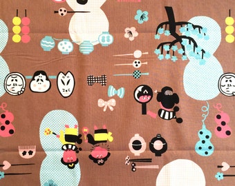 Japanese Fabric Brown Fabric 1 Yard 100% Cotton 110 x 100 cm With Geisha Hairpins Lanters Plum Blossoms And More (F91-P31)