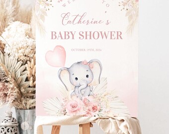 Letrero de bienvenida para baby shower con diseño de elefante estilo bohemio / Decoración floral rosa (Descarga digital) BB87