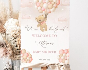Brown Bear Baby Shower Welcome Sign - Printable Pink Balloon Girl Baby Shower Welcome Poster Decor - Editable Template Digital Download BB41