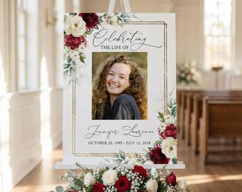 Plantilla de póster conmemorativo para la celebración de la vida, letrero fotográfico floral de rosas rojas y blancas para funeral, descarga instantánea editable #F45