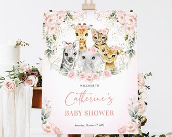 Safari Baby Shower Welcome Sign • Pink Girl Baby Shower Decor • Floral Safari Animals Poster • Editable Template • Instant Download #BB47